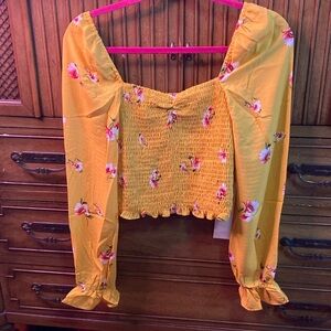 LUMIERE Yellow Floral Smocked Crop Blouse